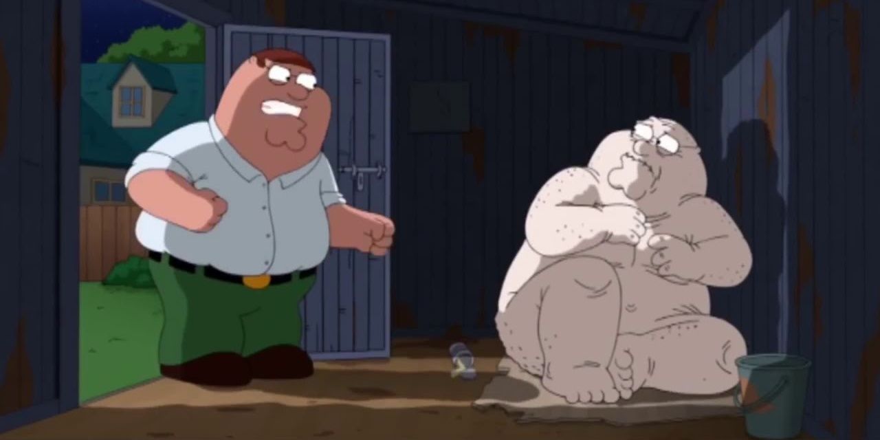 Perer Griffin argues with his hairless twin in Family Guy.