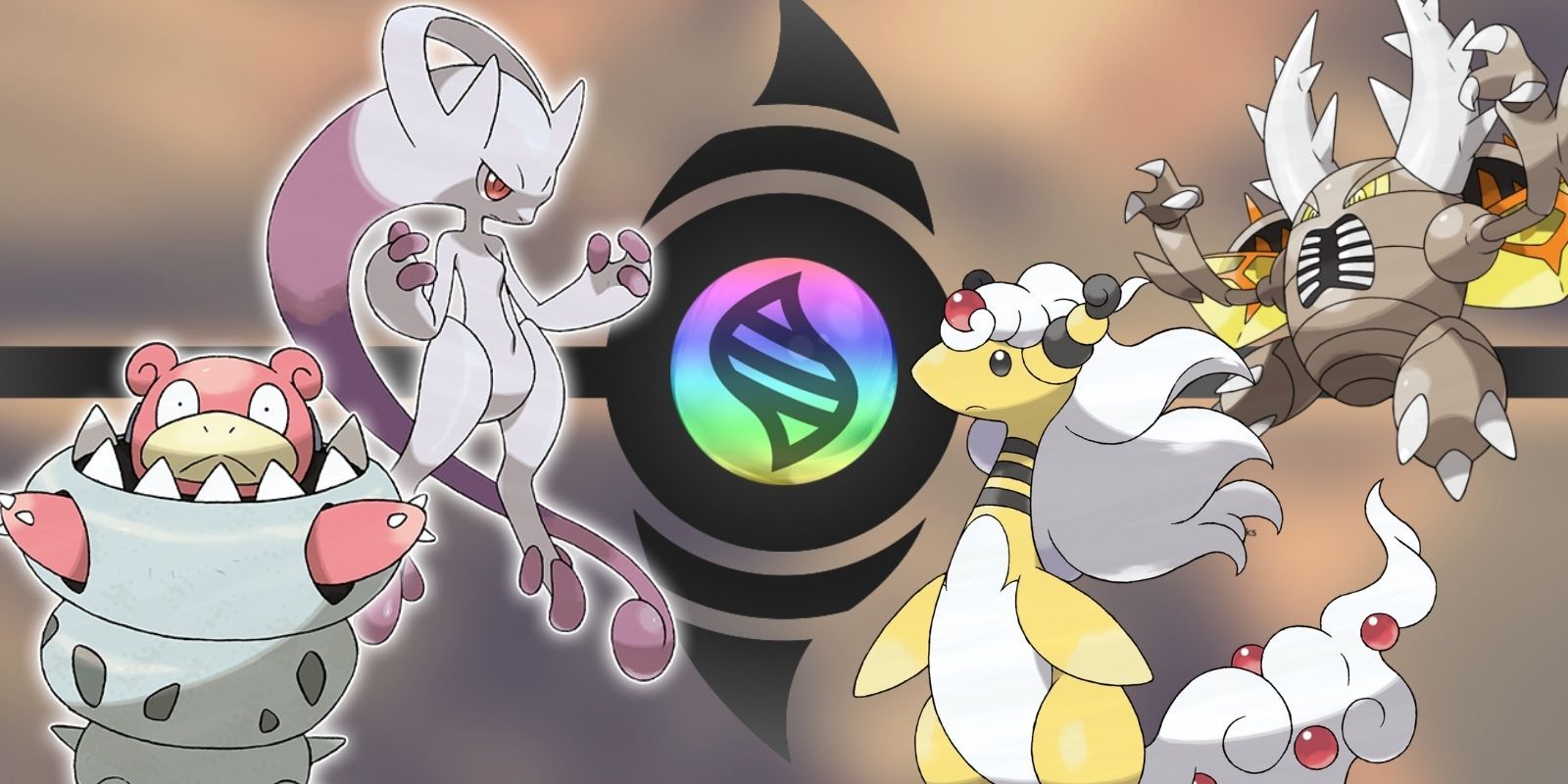 Mega Slowbro, Mega Mewtwo Y, Mega Ampharos e Mega Pinsir em frente ao ícone Mega Evolution