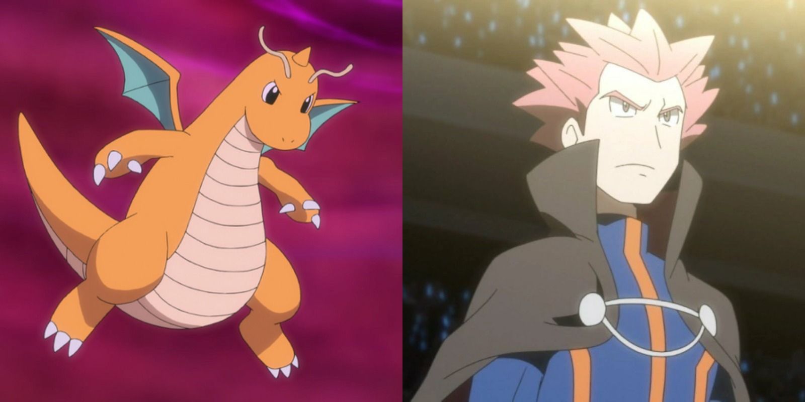 Split image showing Dragonite and Lance in the Pokémon anime