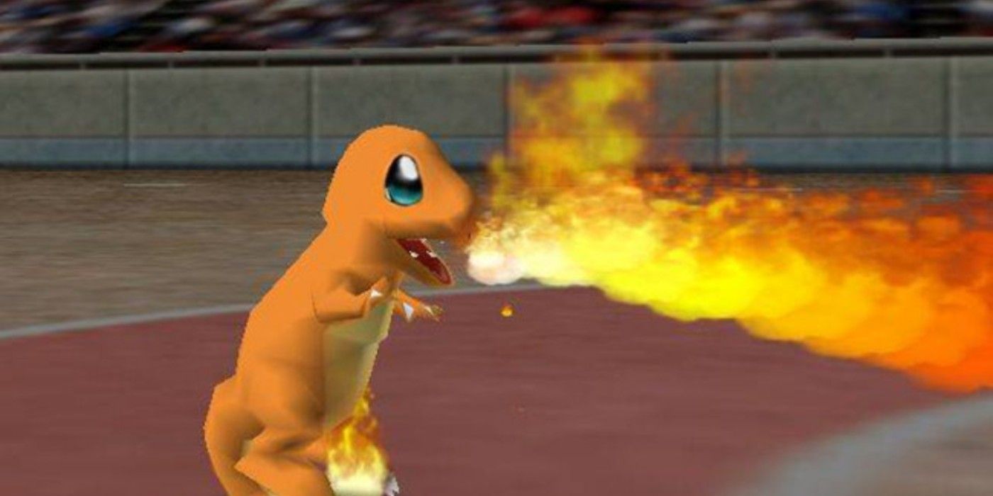 Charmander atira fogo na arena Pokémon Stadium 2.