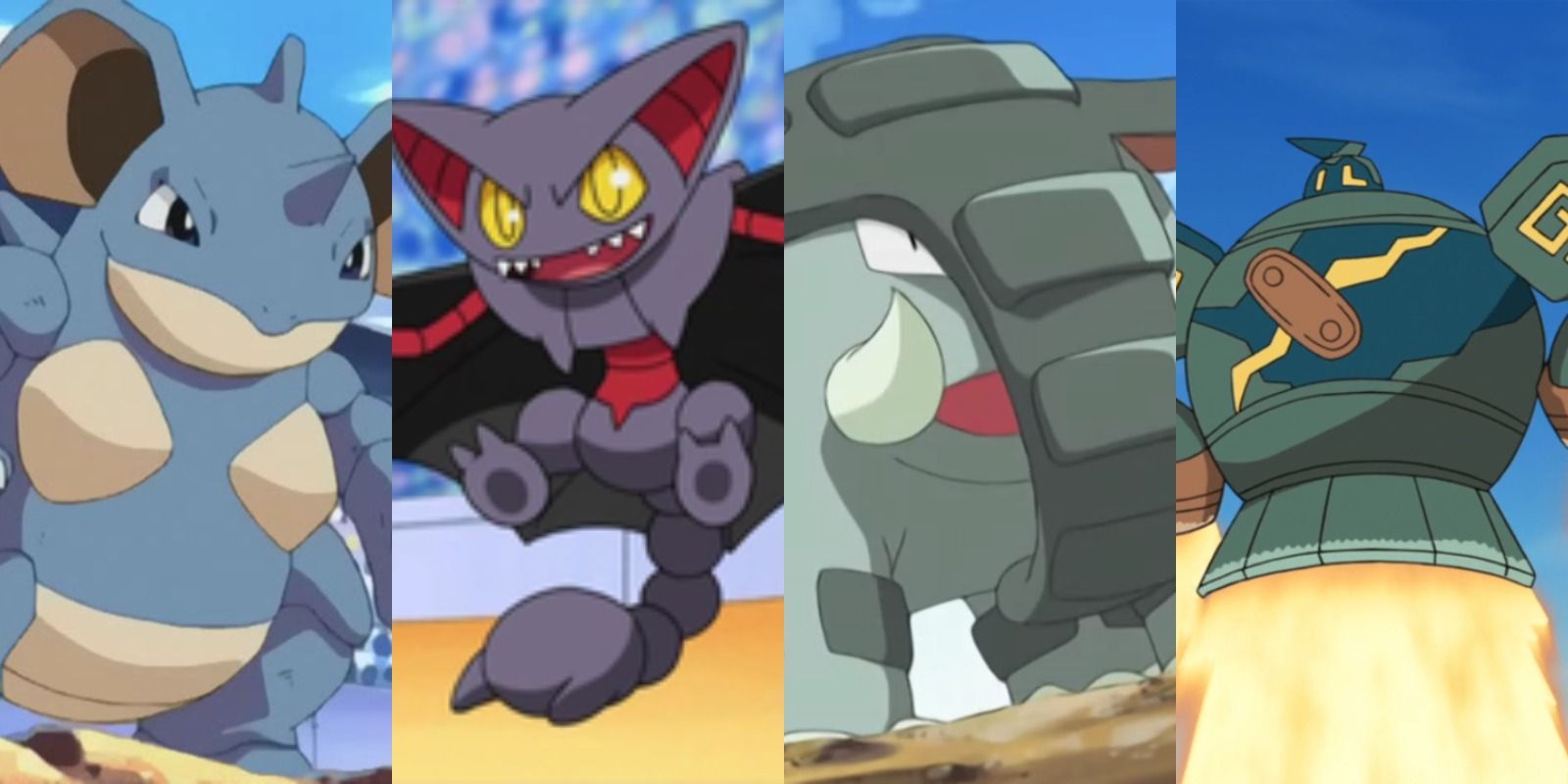 Split image of a group of Ground type Pokemon from the anime including Nidoqueen, Gliscor, Donphan, and Golurk