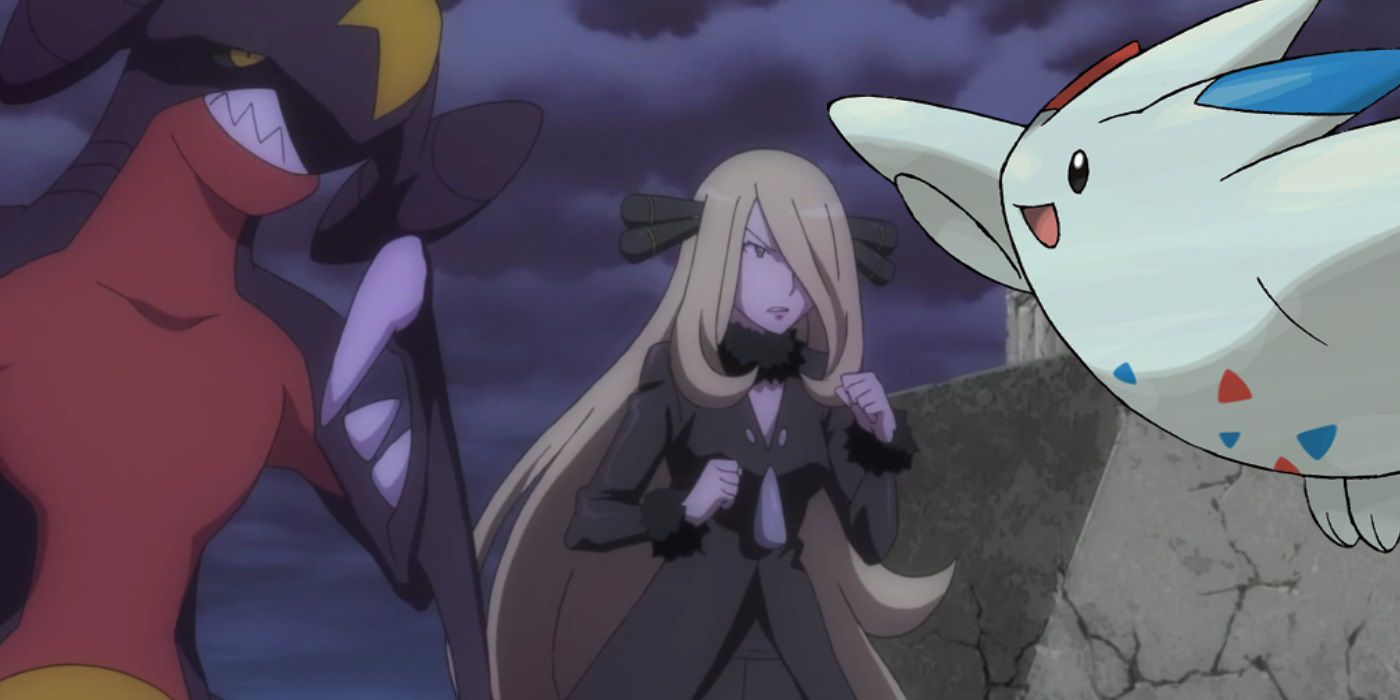 Cynthia with Garchomp and Togekiss in the Pokémon anime