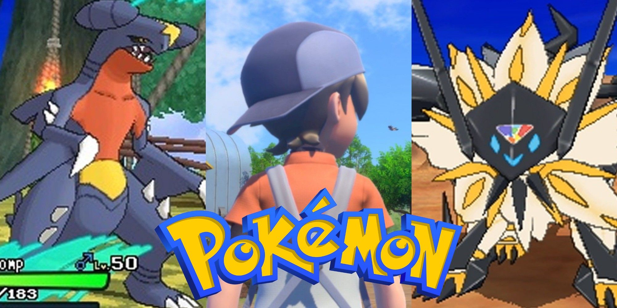 A split image of a Garchomp from Sun and Moon, the back of the main character from New Pokemon Snap, and a Dusk Mane Necrozma from Ultra Sun and Ultra Moon with the Pokemon logo on top