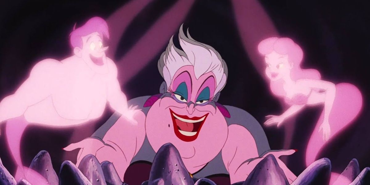 Ursula laughs in between images of two mermaids in The Little Mermaid 