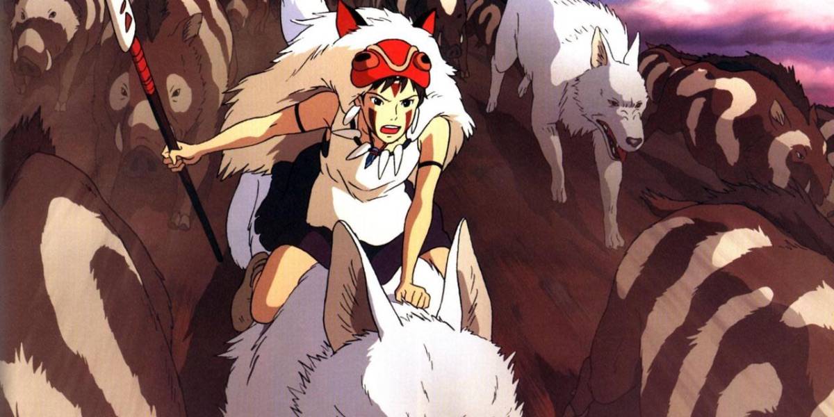 Princesa Mononoke em cocar de guerreiro com lança montada em lobo branco 