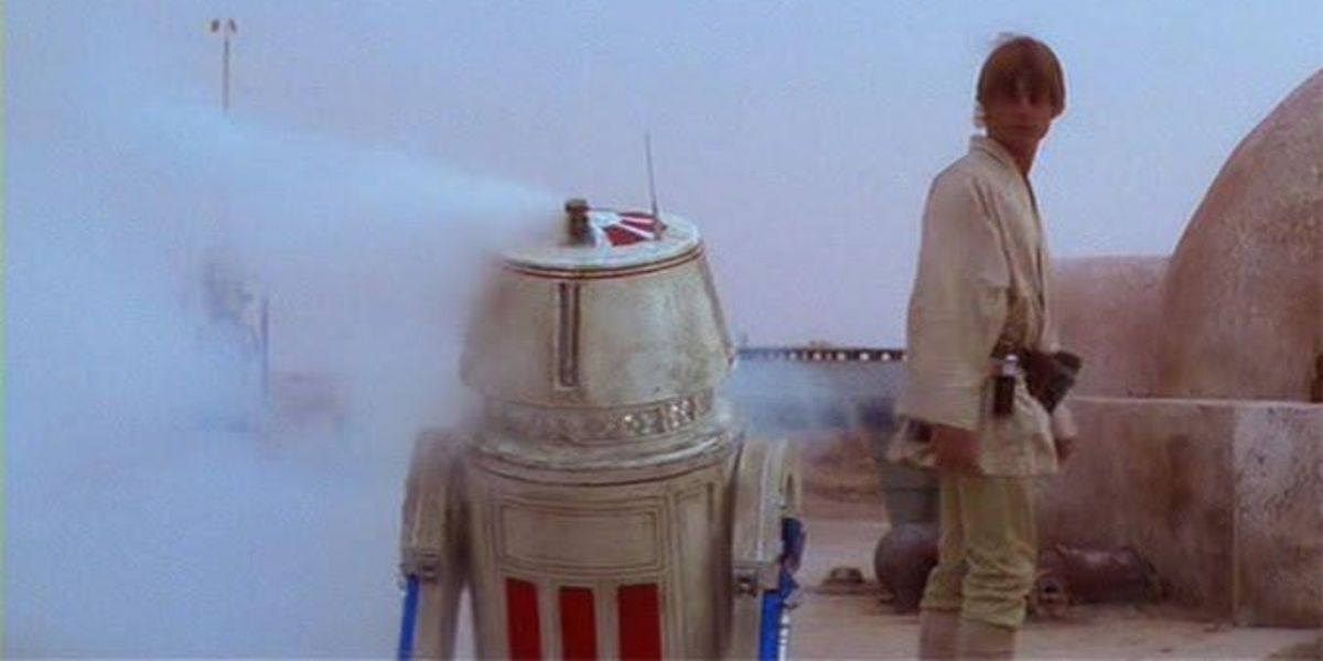 R5-D4 with a bad motivator after Jawas sell him to Luke Skywalker on Tatooine in Star Wars A New Hope
