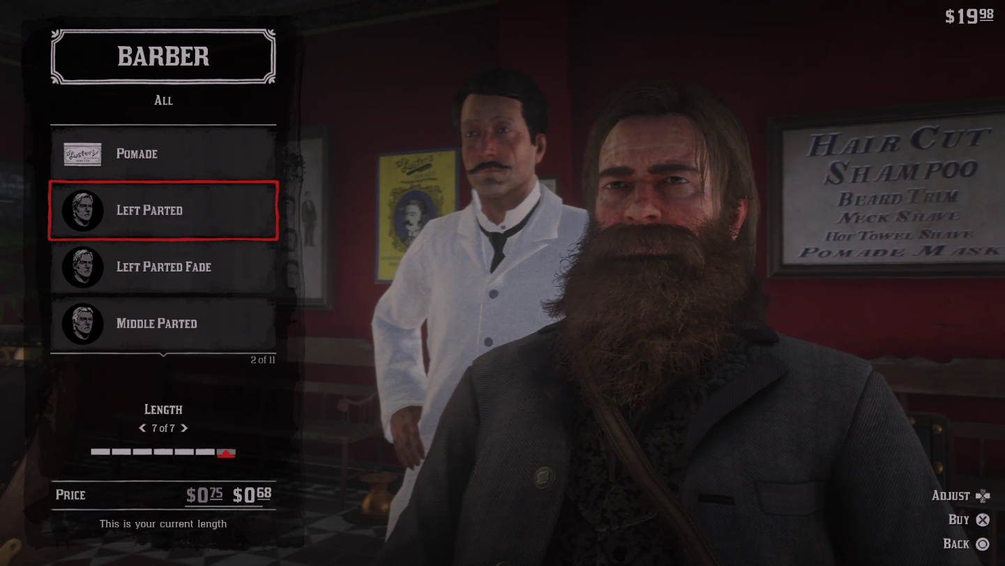 Arthur Morgan em RDR2 sentado em uma cadeira de barbeiro, prestes a fazer a barba.  Ele tem uma barba enorme.