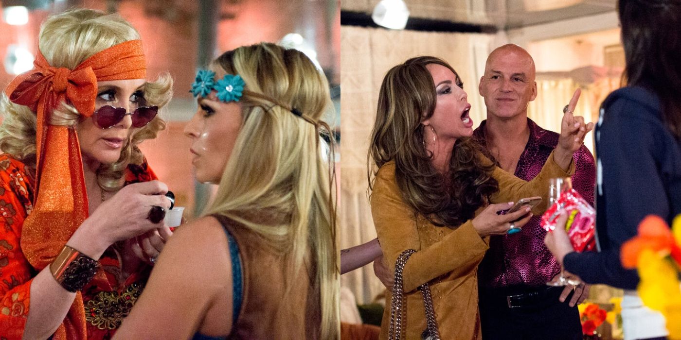 Split image of Shannon and Tamra talking and Kelly yelling with Michael on RHOC