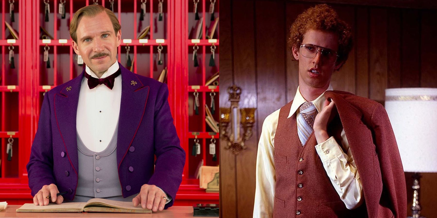 Ralph Fiennes in The Grand Budapest Hotel and Jon Heder in Napoleon Dynamite