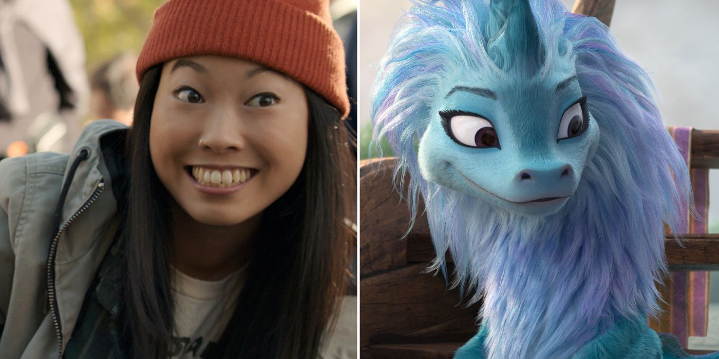 Two side by side images from Raya and the Last Dragon with Awkwafina and Sisu