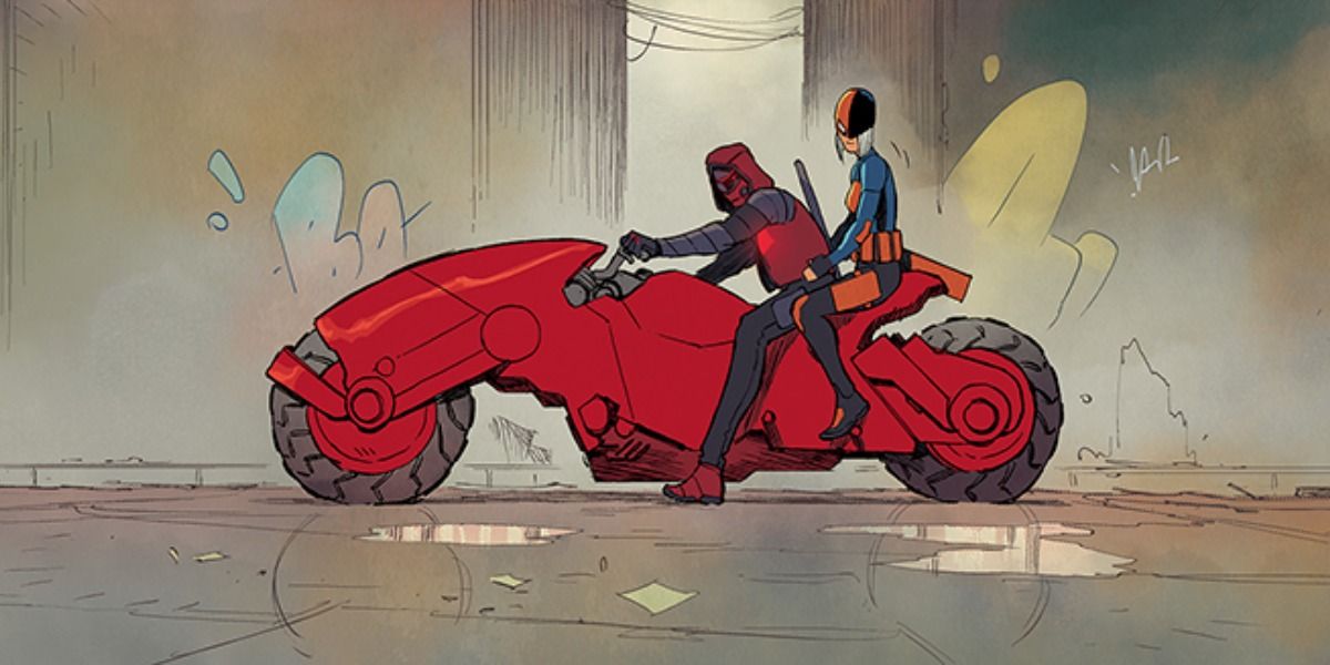 Red Hood and Ravager on a motorbike..