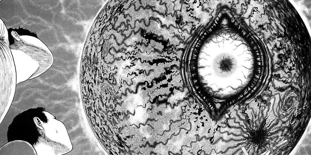 In Junji Ito's Remina, characters stare up at a massive floating mass in the sky with a giant eye