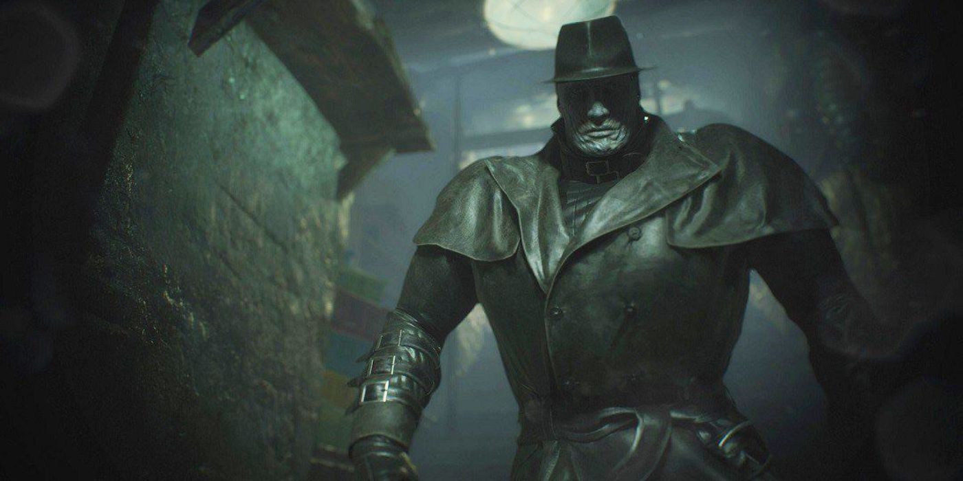 T-00 AKA Mr. X walks through a hallway in the Resident Evil 2 remake