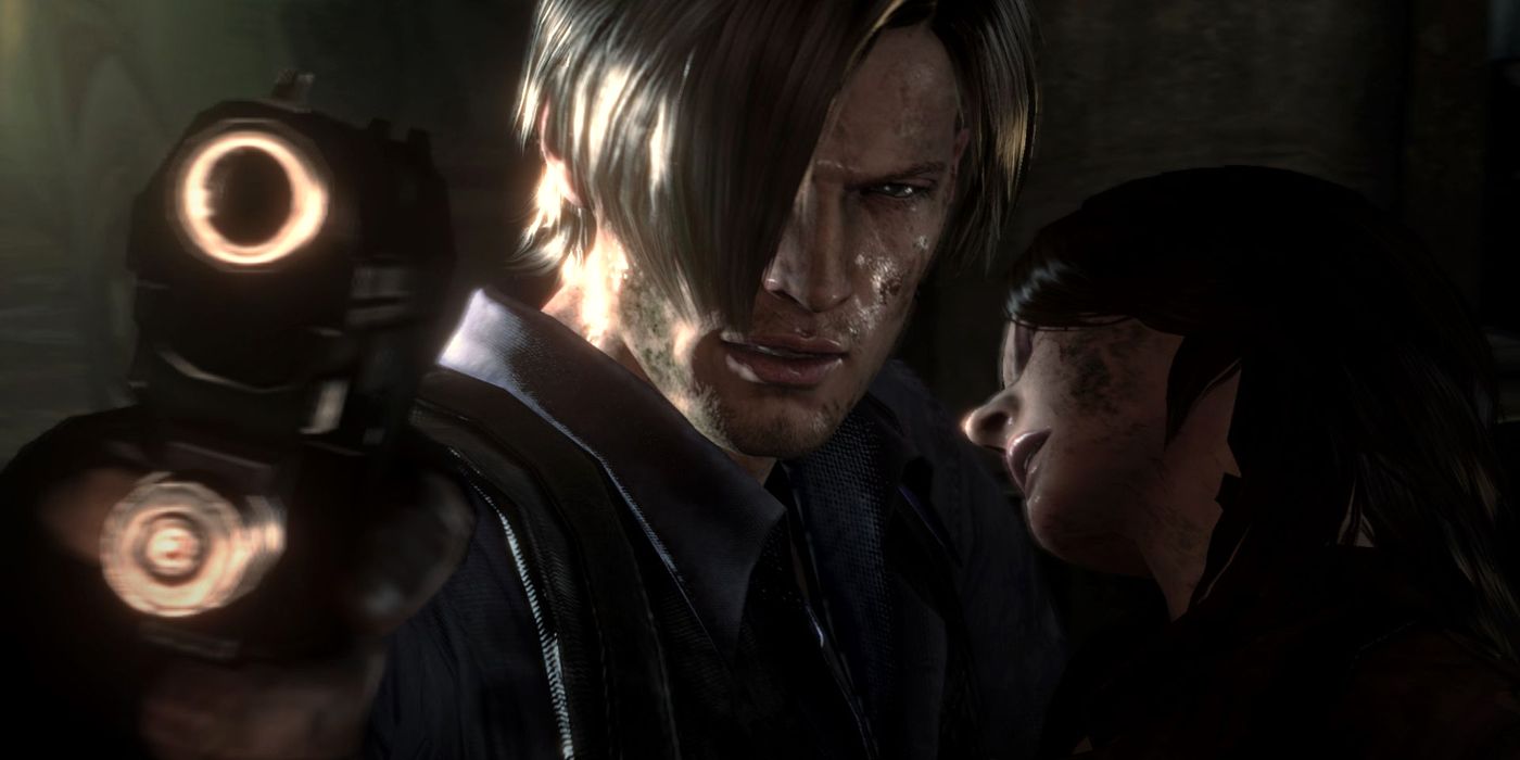 Leon cradles Helena and takes aim at an unseen monster