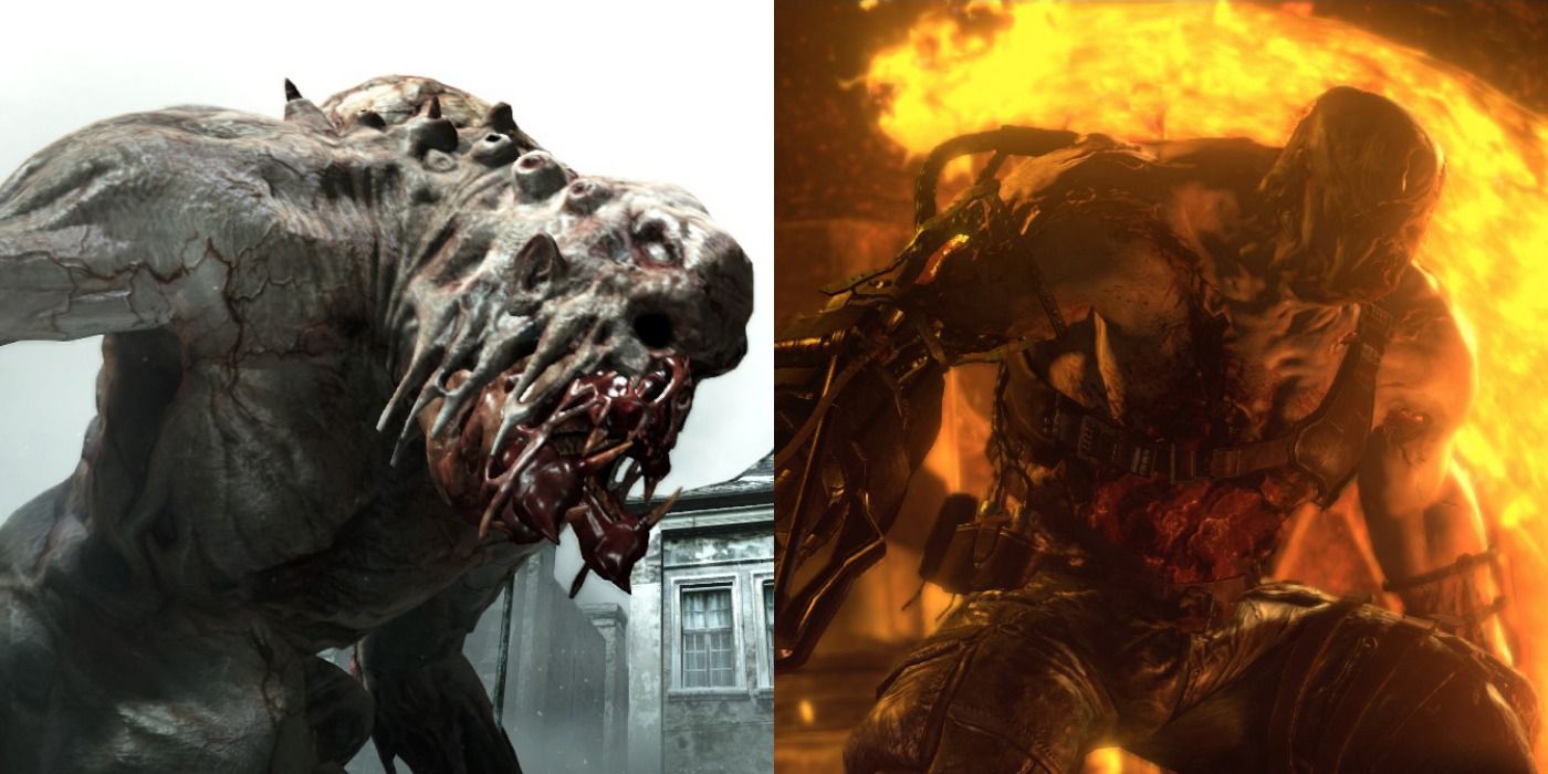 Two terrifying bosses from the game - left is a monstrous giant towering over ruined buildings, right is a masked mutant with a background of fire