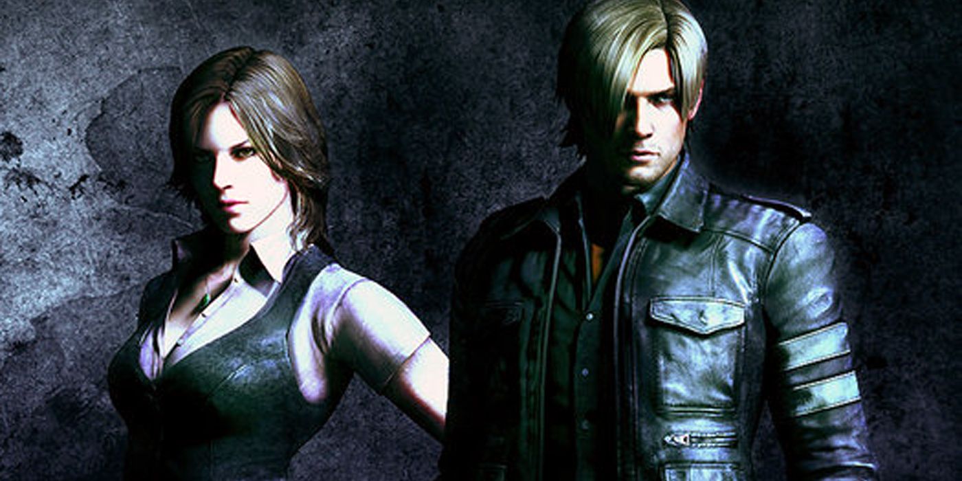Leon Kennedy and Helena Harper stand together in darkness