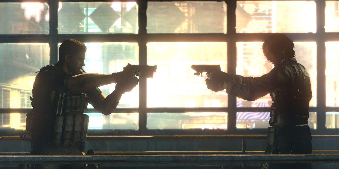 Chris Redfield and Leon Kennedy draw guns on each other in Resident Evil 6.