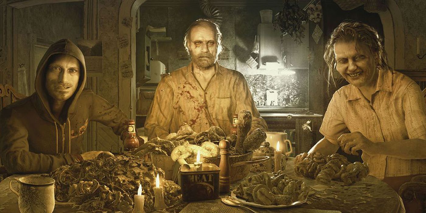 The family of Resident Evil 7 sit down to a disgusting meal while constantly staring at the player