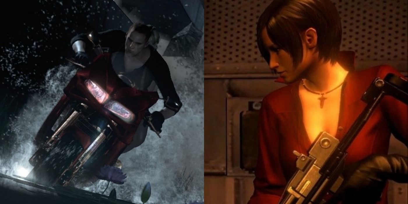 Left shows Jake Muller racing a motorbike through snow, right is Ada Wong sneaking around