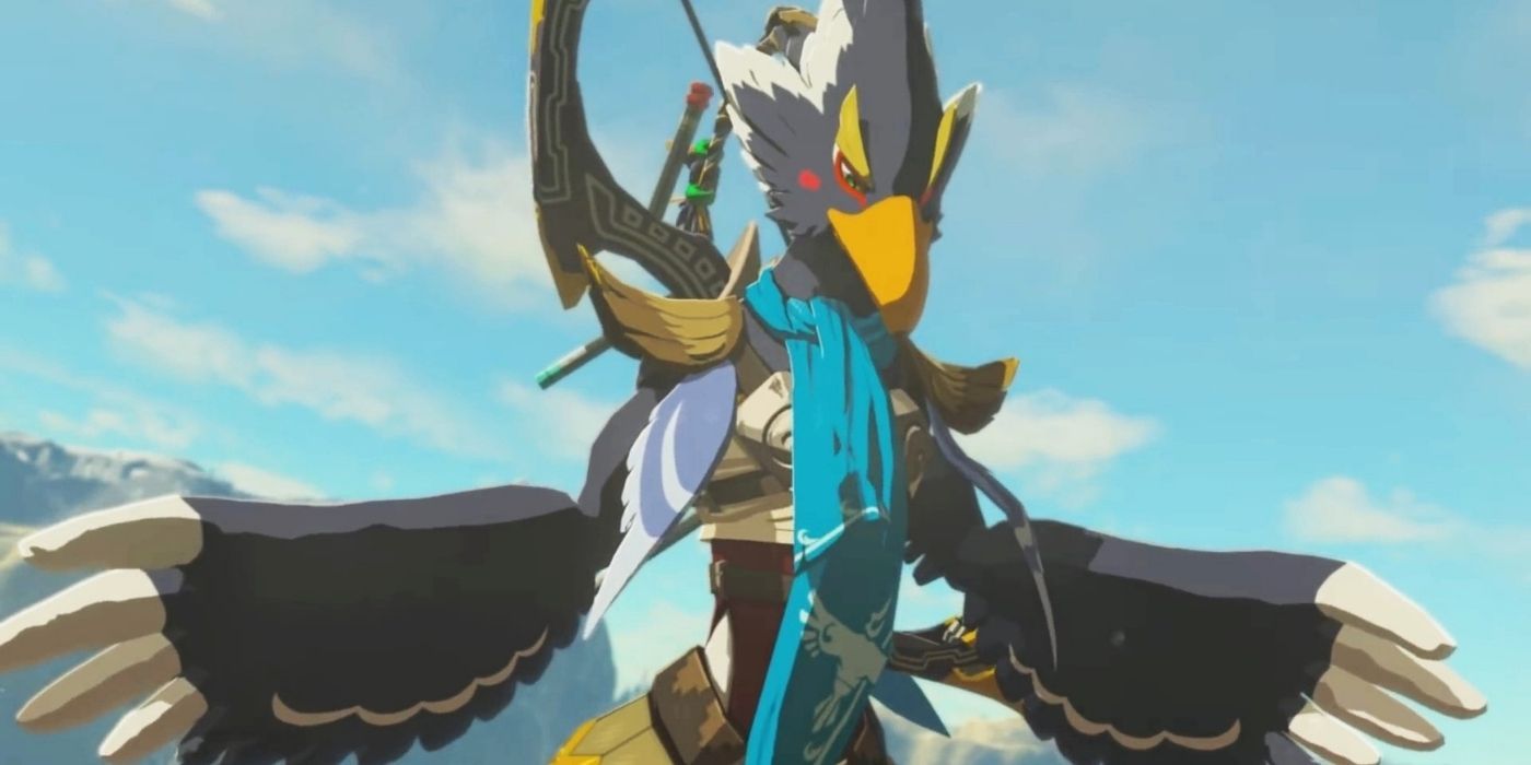 Revali spreads his wings in the air