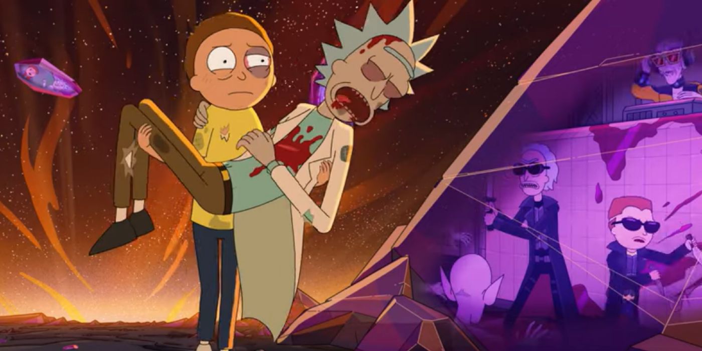 Morty carries Rick split image with Men In Black reference frame