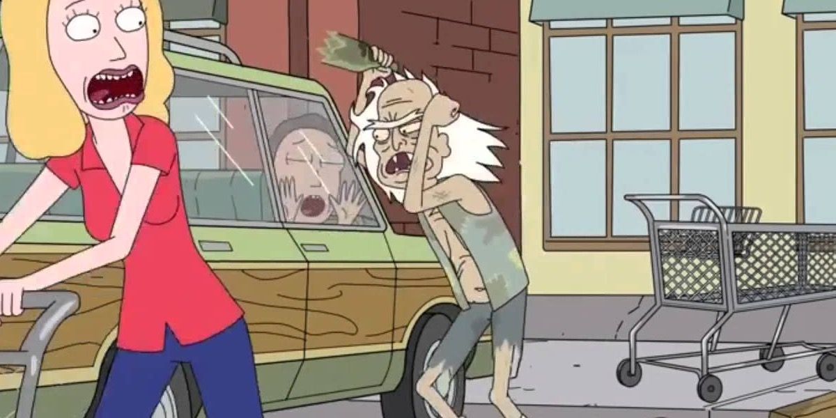 Beth running away from a homeless guy after Jerry locks her out of the car.