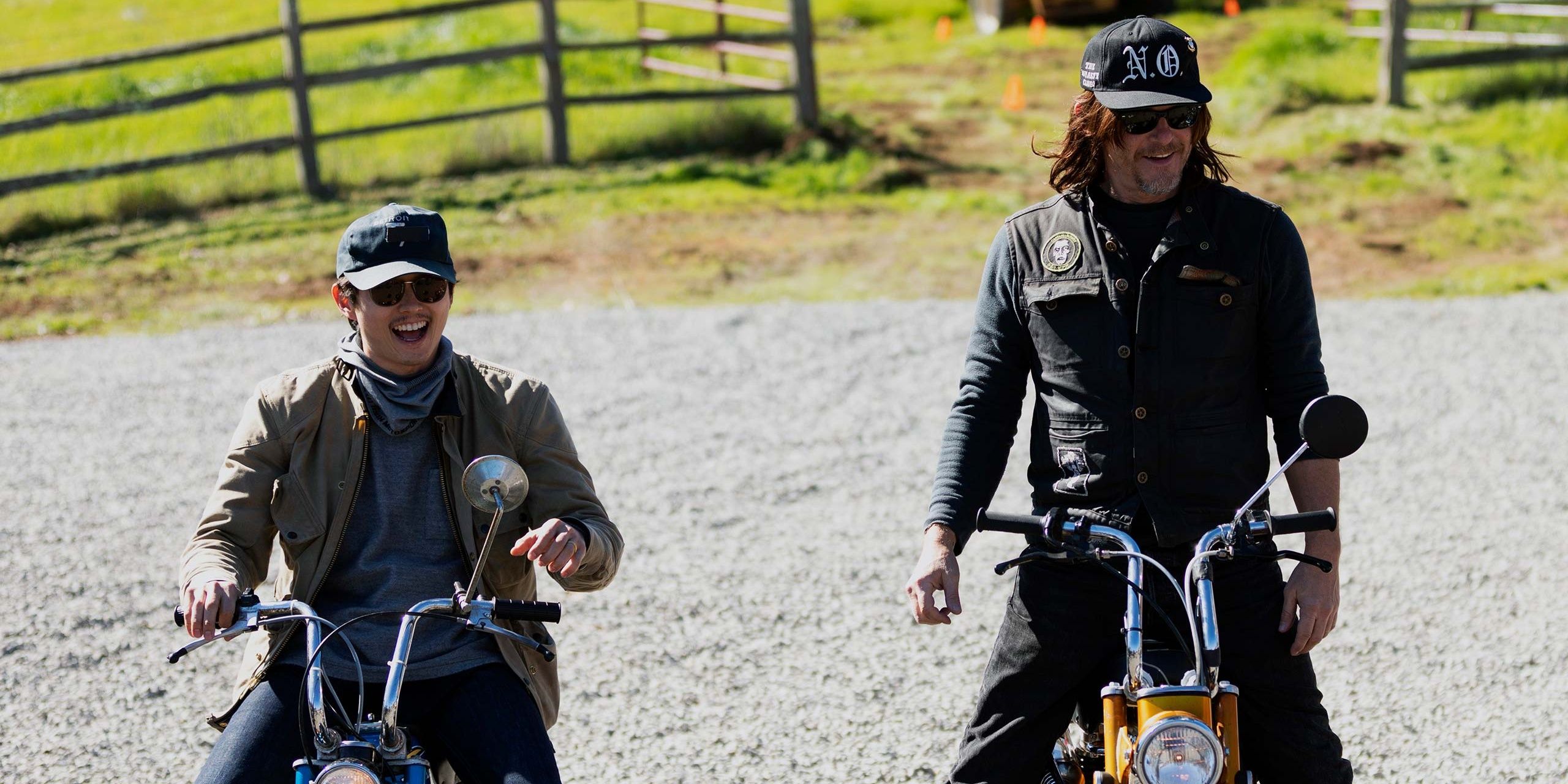 steven yeun on a motorcycle with norman reedus on amc's ride