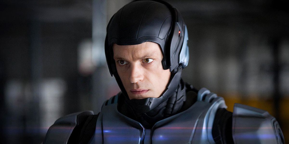 Joel Kinnaman as RoboCop; his face is exposed while suited-up