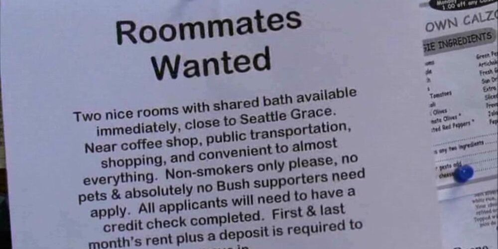 Meredith puts a roommates notice on the hospital board. On it shows the rules she wants her house guests to follow