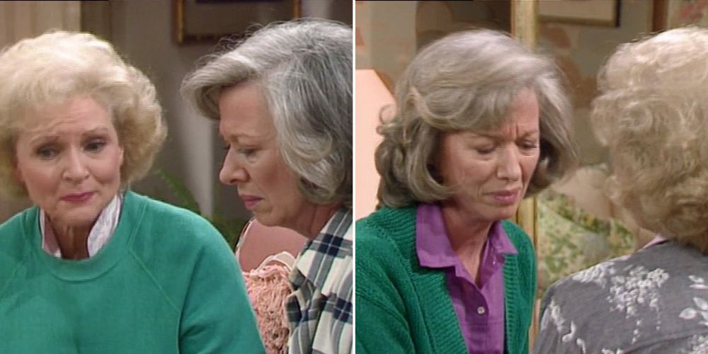 Rose with her sister Lily in two side-by-side stills from The Golden Girls episode Blind Ambitions