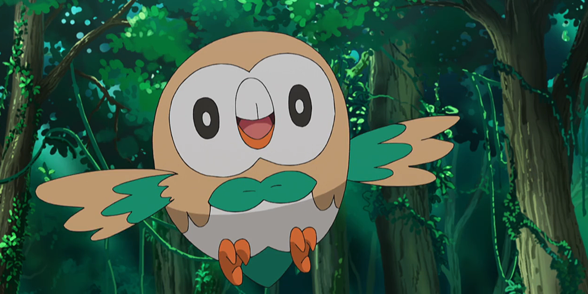 Rowlet happily flying in the woods in Pokémon