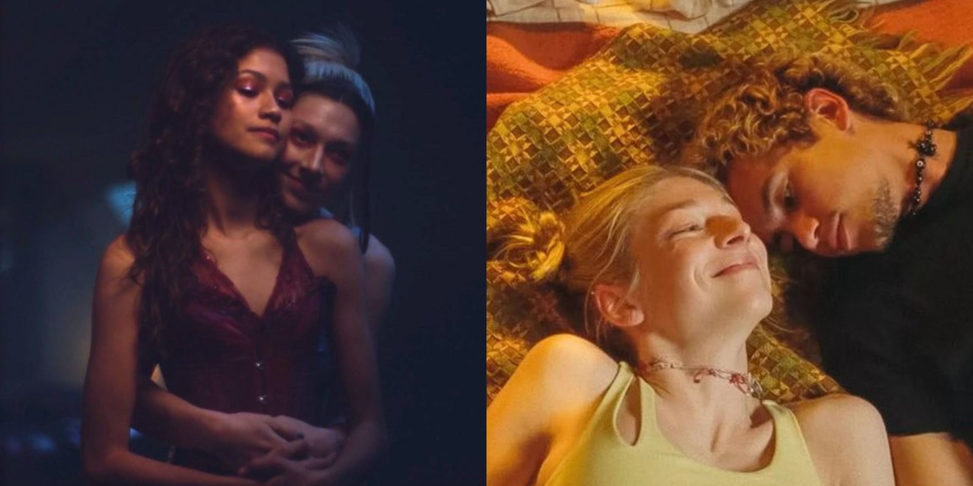 Split image of Jules hugging Rue and laying with Elliot
