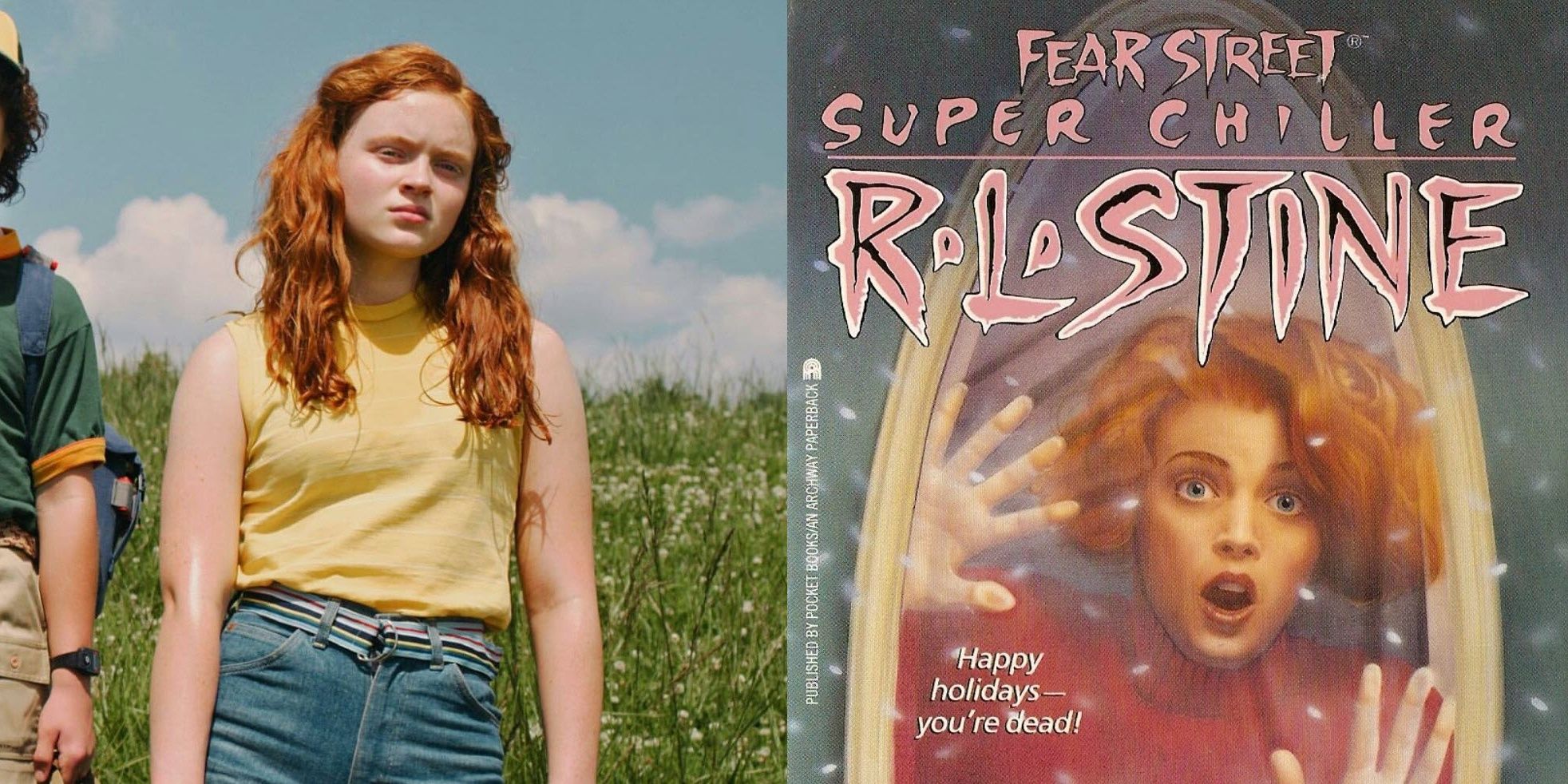 combined image of Sadie Sink and R. L. Stine Fear Street book front cover