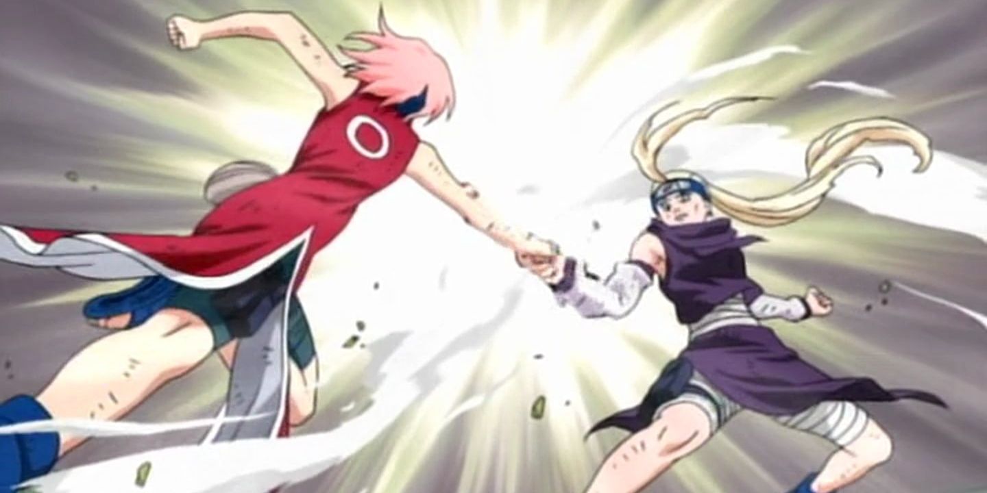 Sakura and Ino clash in the Chunin Exams in Naruto