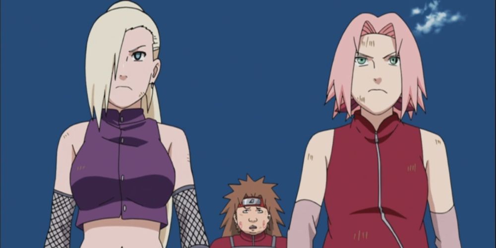 Ino e Sakura na frente de Choji no anime Naruto Shippuden
