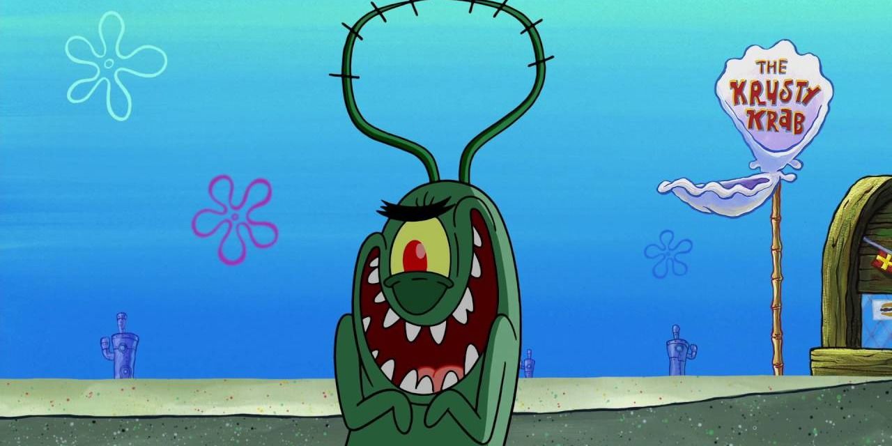 Plankton with a deranged expression in SpongeBob Squarepants.