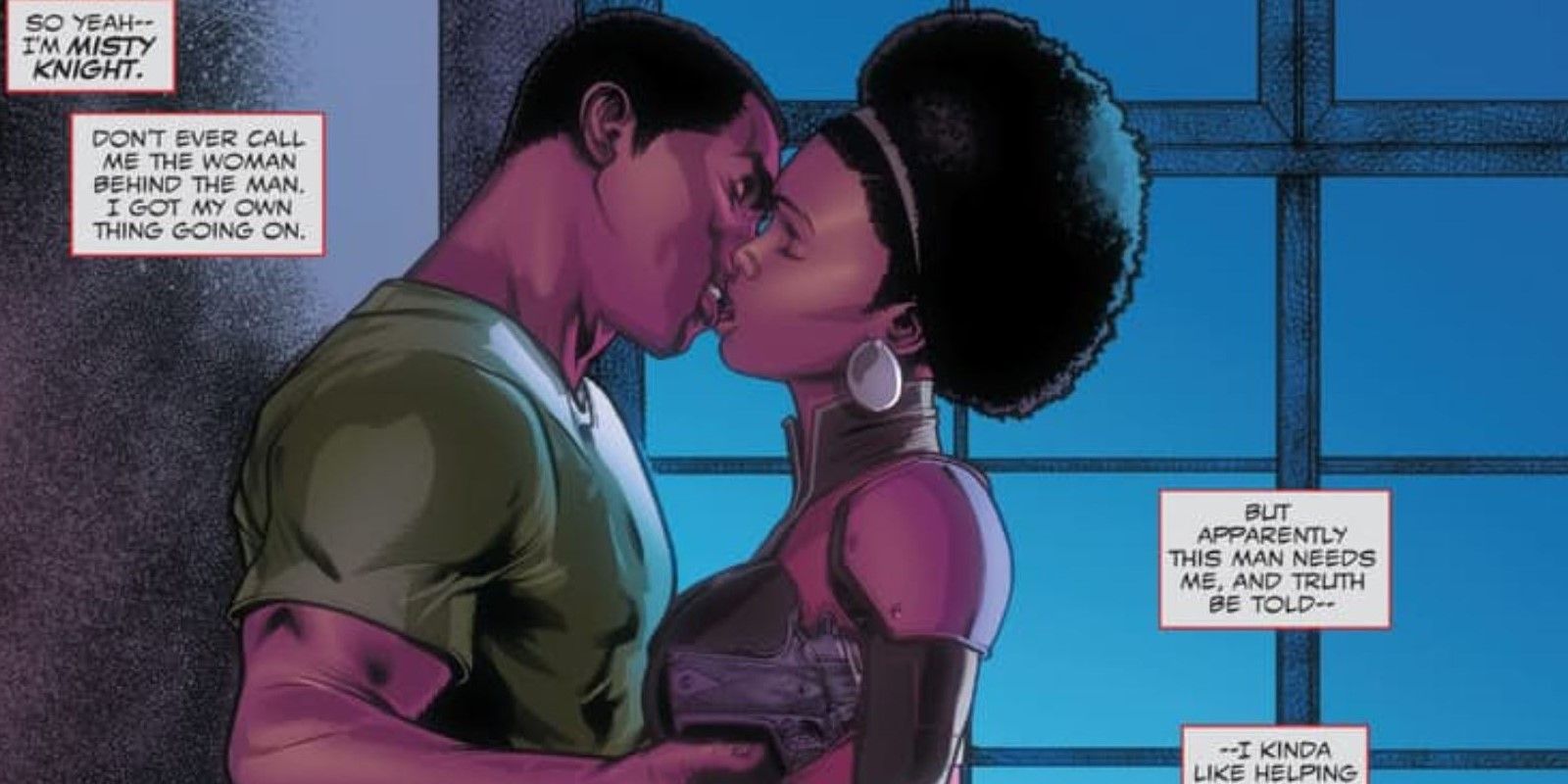 Sam Wilson and Misty Knight kissing in Marvel Comics