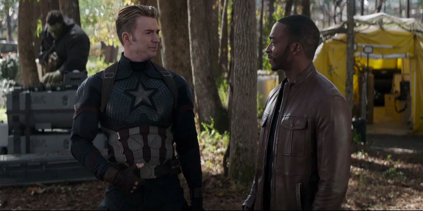 Sam Wilson and Steve Rogers talking in Avengers: Endgame.