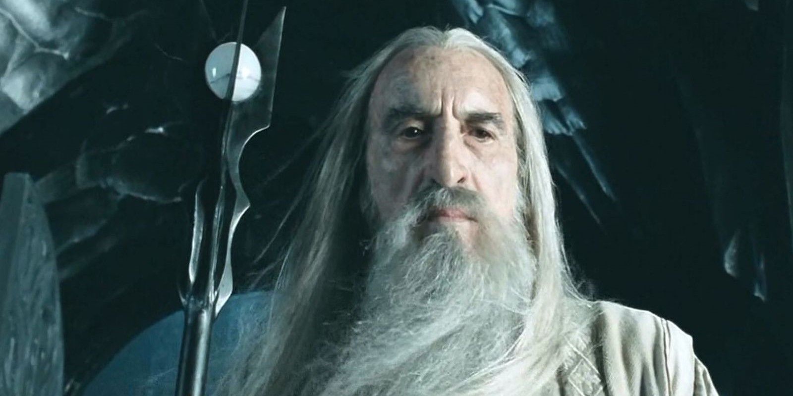 Saruman with wind blowing on his face in the Two Towers.