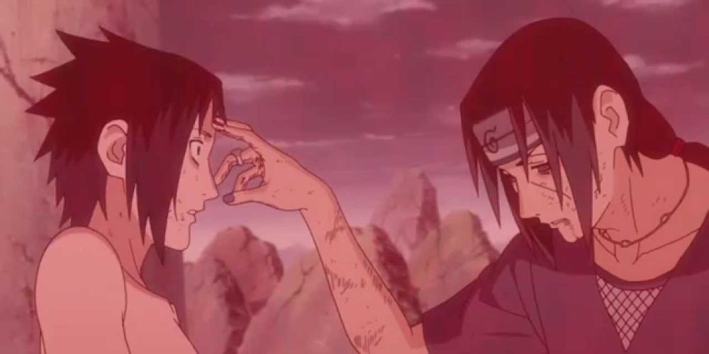 Itachi pokes Sasuke in the forehead in Naruto