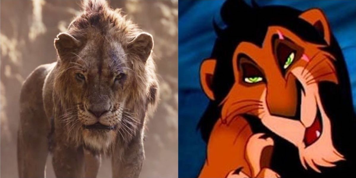 Scar talking to Mufasa in live-action and animation.