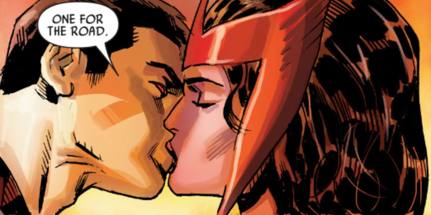 Scarlet Witch and Wonder Man kiss in Marvel Comics.