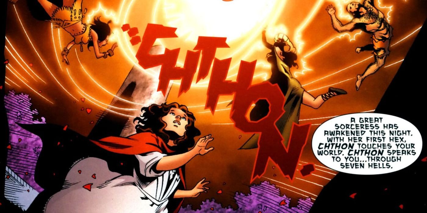 Scarlet Witch looks above at a swirling yellow vortex in Marvel Comics.