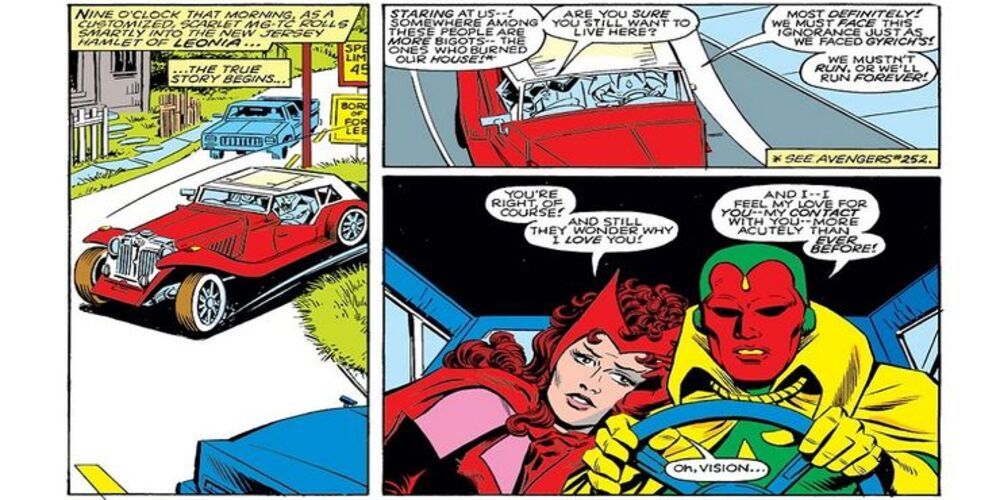 Scarlet Witch and Vision move into their new neighborhood in The Vision and the Scarlet Witch #1. The strip shows them to be driving in the car