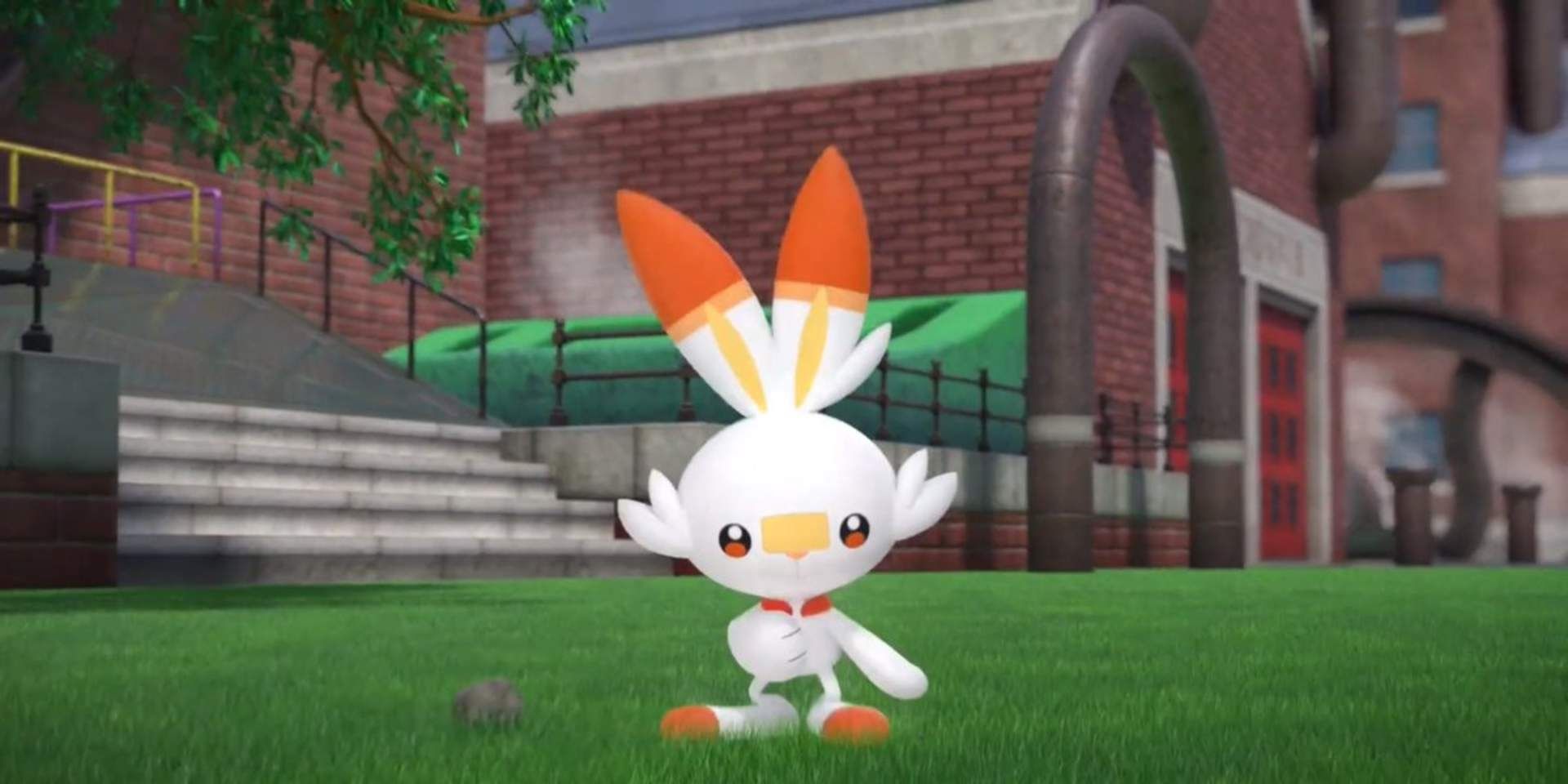 Scorbunny standing on the grass in Pokémon Sword &amp; Shield