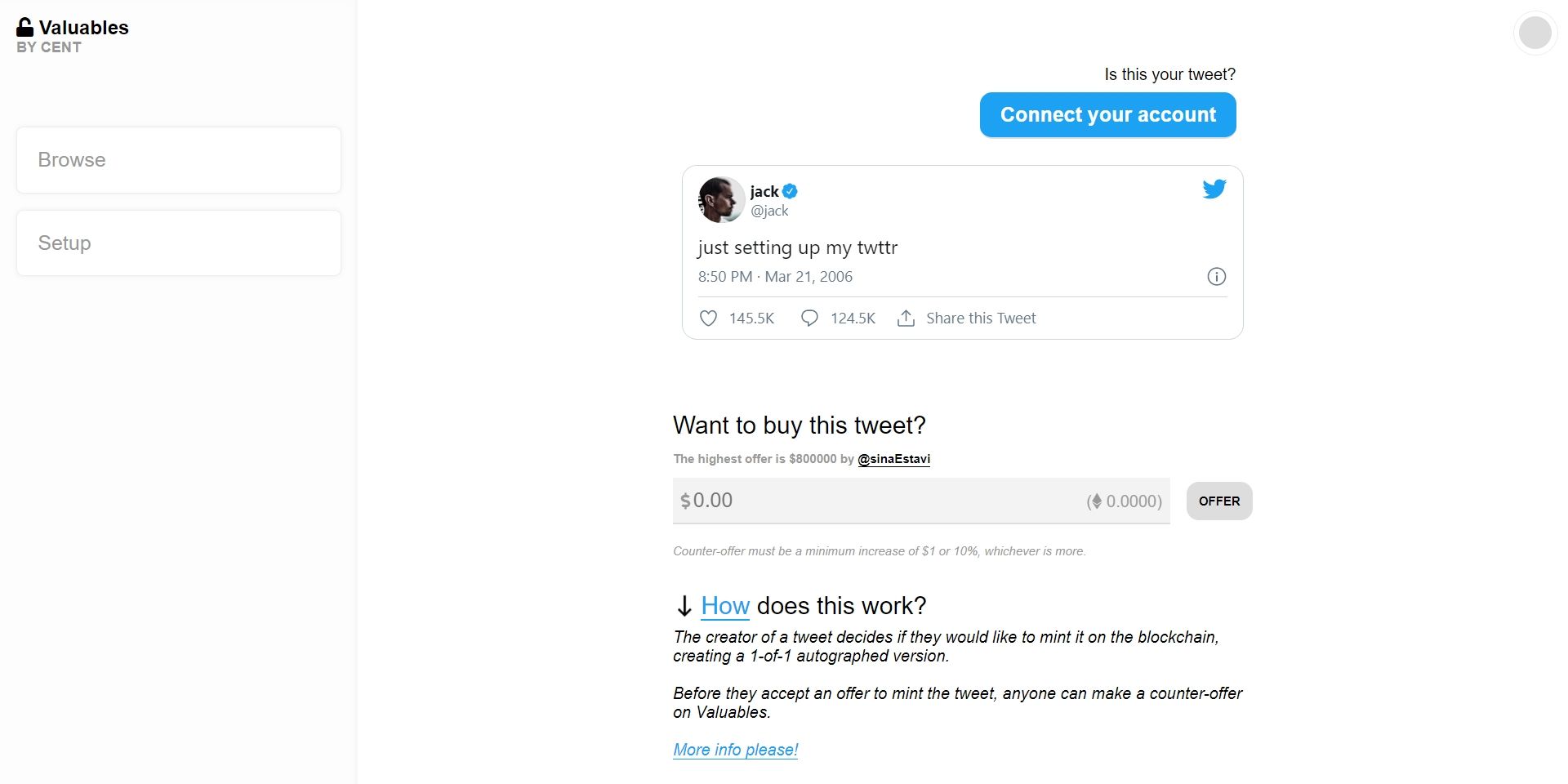 Screenshot of Jack Dorsey first tweet Valuables auction