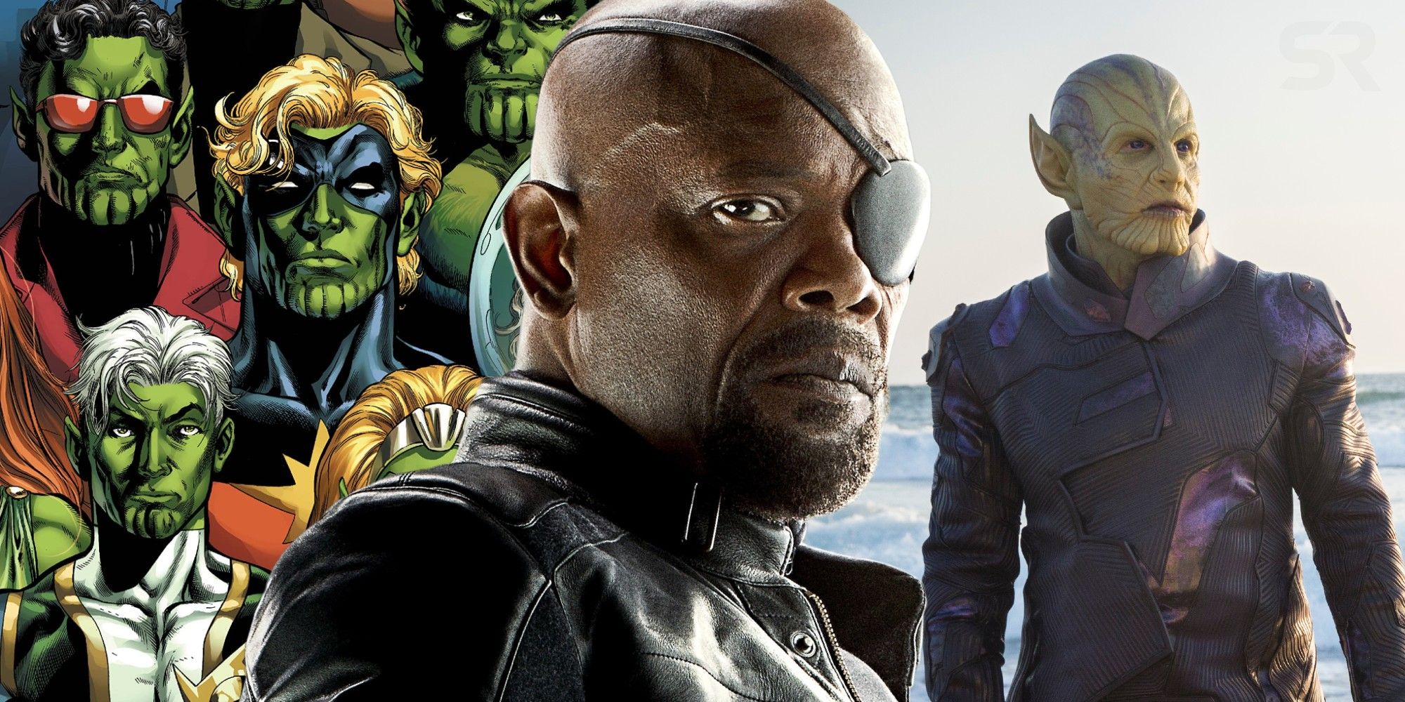 Nick Fury and a bunch of Skrulls