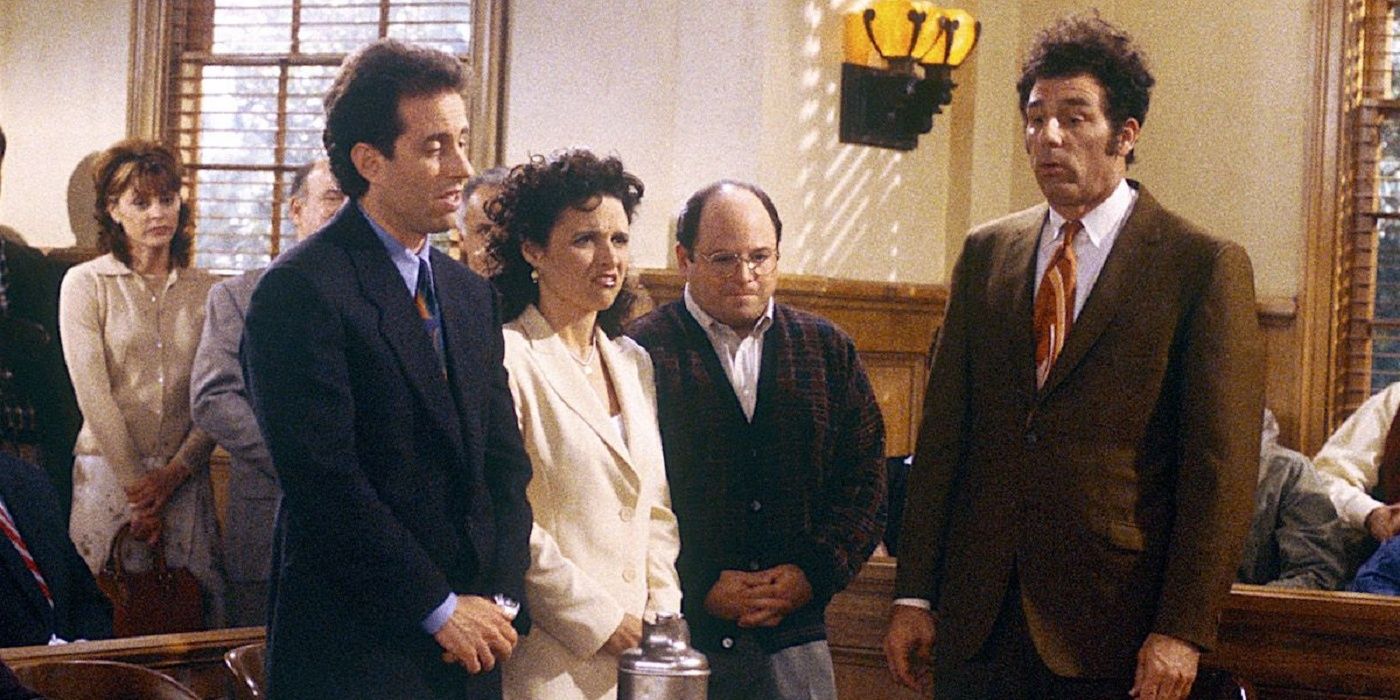 Jerry, Elaine, George, and Kramer in court in the series finale of Seinfeld