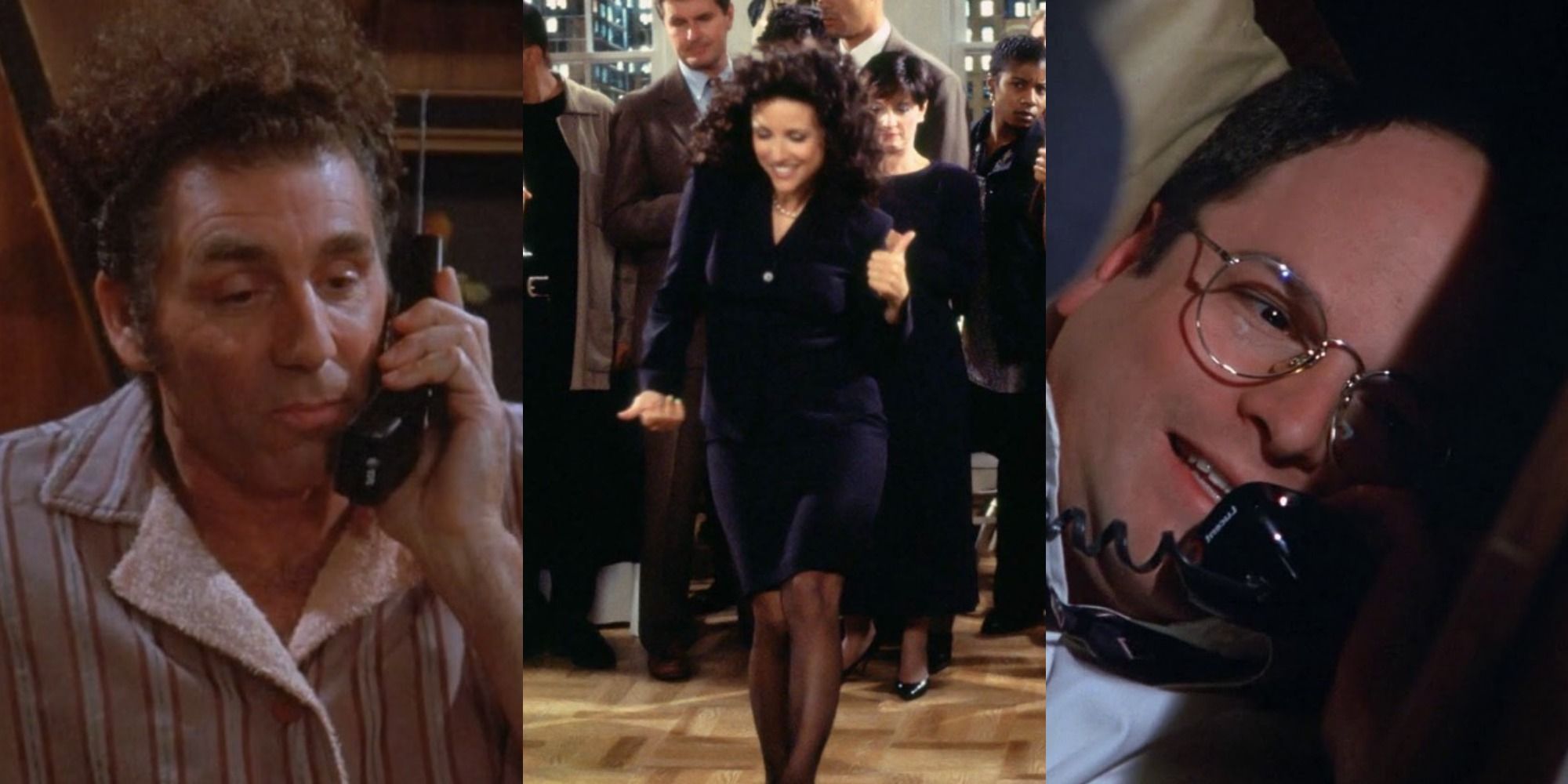 Kramer on phone, Elaine dancing and George under his desk in Seinfeld