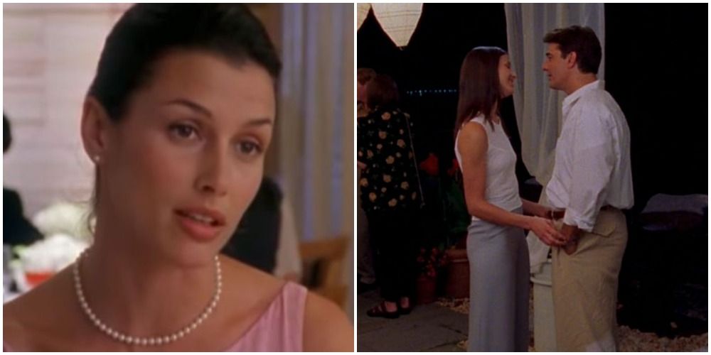 Natasha in pink dress and pearls; with Big holding hands on Sex And The City